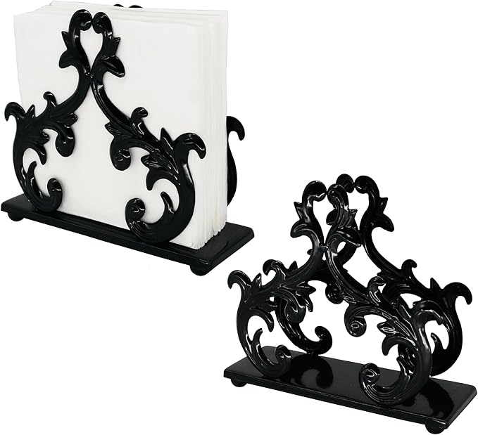 Owlgift Baroque Black Napkin Holder Set of 2 – Decorative Metal Tissue Rack for Tabletop, Mail, or Bill Organizer – 6 x 2 x 5.3 Inches, Glossy Finish for Home or Restaurant Use