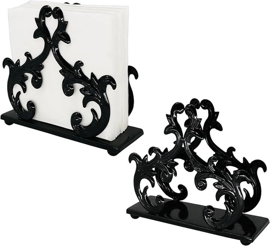 Owlgift Baroque Black Napkin Holder Set of 2 – Decorative Metal Tissue Rack for Tabletop, Mail, or Bill Organizer – 6 x 2 x 5.3 Inches, Glossy Finish for Home or Restaurant Use