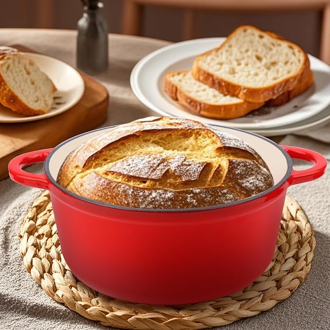 CookNexa 6 Quart Enameled Cast Iron Dutch Oven Pot with Lid and Silicone Accessories, Oven Safe up to 500°F or on Stovetop, Non-stick Dutch Oven for Bread Baking, Cooking, Dual Handles Cookware, Red