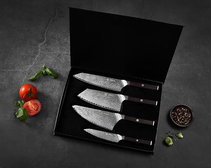 Wakoli Culinary Asia Damascus 4-Piece Knife Block Set with Magnetic Block – Professional Kitchen Knives made of 67-Layer Damascus Steel Blades & VG10 Core – Ergonomic Dark Oak Wood Handles in Gift Box