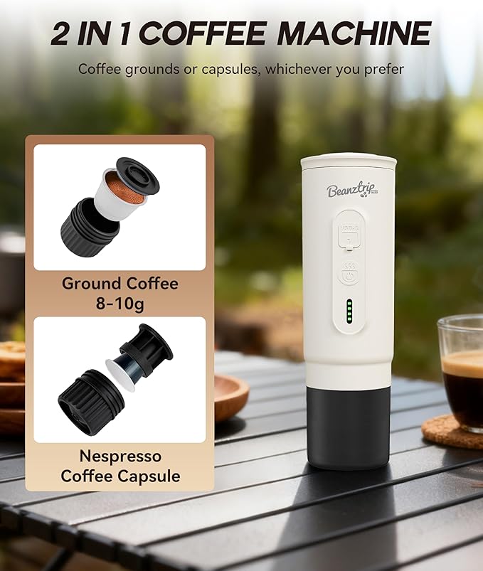 BeanzTrip H02 PRO Portable Electric Espresso Maker, Christmas Gift Coffee Machine Compatible with NS Capsule Original Pods & Ground Coffee, Mini Travel Espresso maker for Camping, Hiking, RV