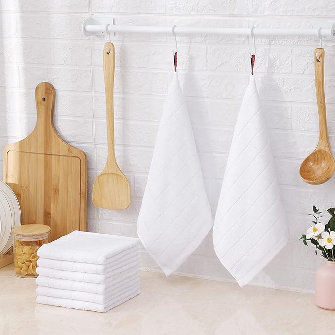 Mordimy 100% Cotton Terry Cloth Dish Cloths, Soft and Absorbent Checkered Dish Towels, Quick Drying Dish Rags for Washing Dishes, 12 Pack, 12 x 12 Inches, White