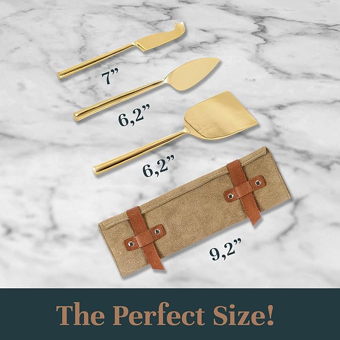 Cheese Knife Set for Charcuterie Board – 3-Piece Gold Stainless Steel Cheese Knives with Leather Pouch – Elegant Charcuterie Tools, Utensils Set
