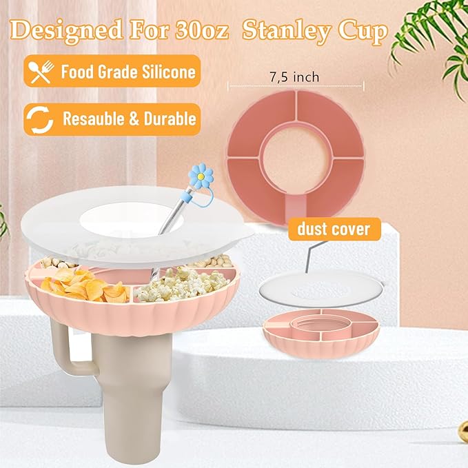 Stanley Snack Tray, Food Grade Silicone Snack Bowl for Stanley Cup 30 oz Accessories with Straws Cover, Stanley Accessories 30 oz Snack Bowl for Stanley Tumbler Accessories (Black)