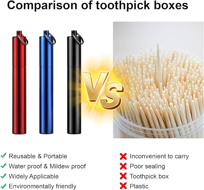 Metal Portable Toothpick Holder for Purse Travel Pocket Toothpick Holder Case Aluminum Alloy Toothpick Container Toothpicks Holders Tooth Pick Holder with Keychain for Picnic Fruit Picks Pill