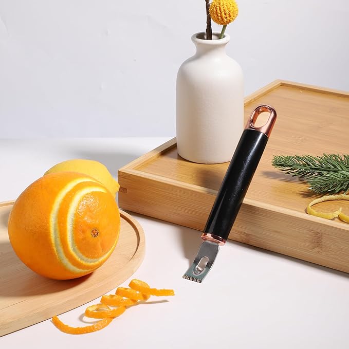 Stainless Steel Channel Knife, Multifunctional Lemon Zester Fruit Peeler with Hanging Loop Lemon Twist Peeler Fruit Peeler Citrus Zester Tool for Cocktail Kitchen Home Bar (Black Gold)