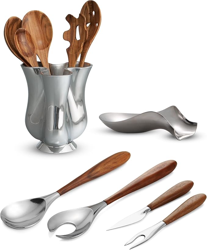 Nambé Curvo Serving Spoon, 13 x 3" Stainless Steel Bowl with Acacia Wood Handle, Modern Tableware Utensil for Serving Side Dishes, Salads, Main Courses, Pasta, Rice & Dinner Parties