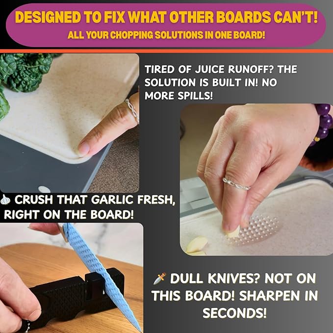 Titanium Cutting Board for Kitchen with Knife Sharpner, Stainless Steel Large Size 14’’×9.6’’ Double Sided Food Grade, Pure Titanium and Wheat Straw PP, Easy to Clean, Anti Slip