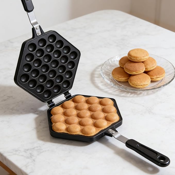 Bubble Waffle Pan, Cast Aluminum Non Stick Stovetop Maker with Cool Touch Handles for Home Use, Gas Stove Compatible Waffle Iron for Cafe Party and Teahouse