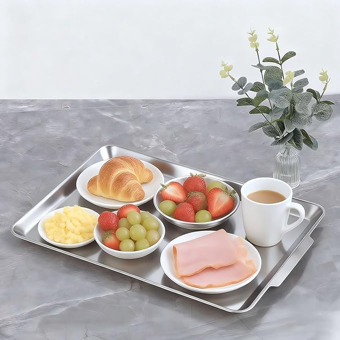 16.3" x 11" Large Serving Platters Set of 2, Stainless Steel Heavy-Duty Large Serving Trays, Silver Rectangular Plates for Food, Fruit, Party, Wedding, Christmas, Chip and Scratch Resistant