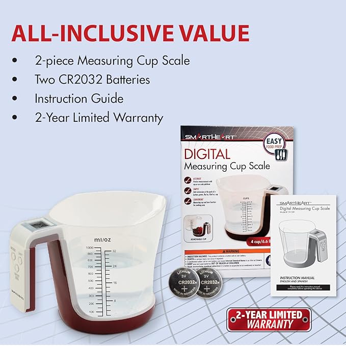 SmartHeart Digital Kitchen Measuring Cup Scale | Accurate Measurements with Cup Or Scale Platform | Unit Conversion Grams, Lbs/Oz, Fluid Oz, Cups