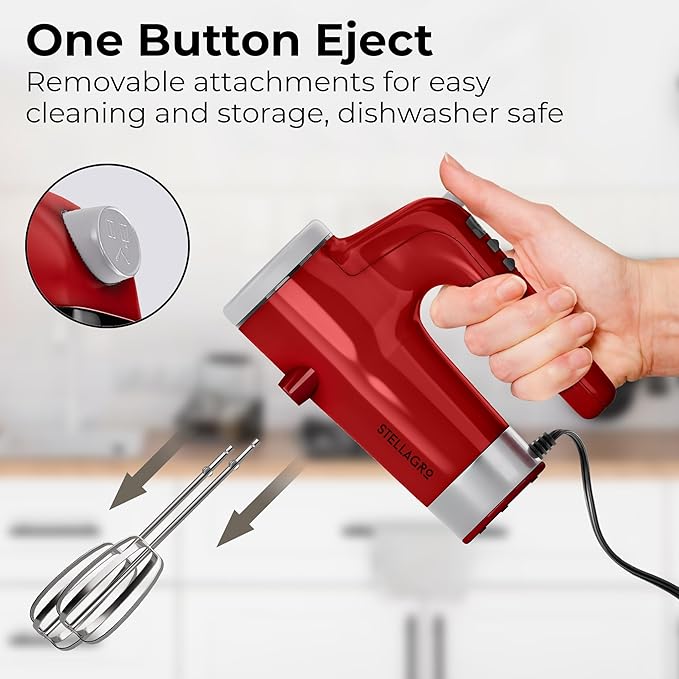Stellagro 9 Speed Electric Handheld Mixer with Stainless Steel Whisk Beater Attachments & Snap Storage Case, Compact Lightweight 350 W Powerful hand held mixer for Baking & Cooking, Red
