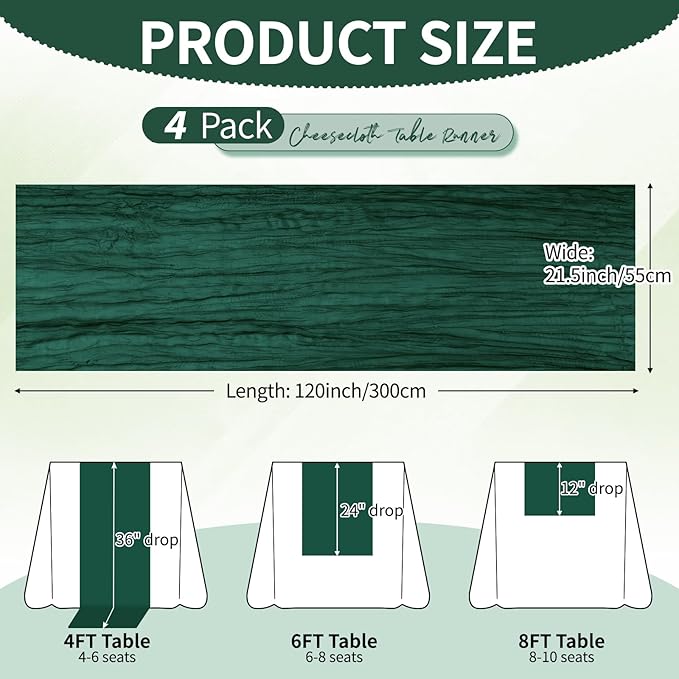 4 Pack Pack Dark Green Cheesecloth Table Runner 10Ft, Christmas Table Runner 21.5 X 120 inch, Semi Sheer Cheese Cloth Fabric Boho Table Runner Bulk for Christmas Decorations,Bridal Shower,Wedding
