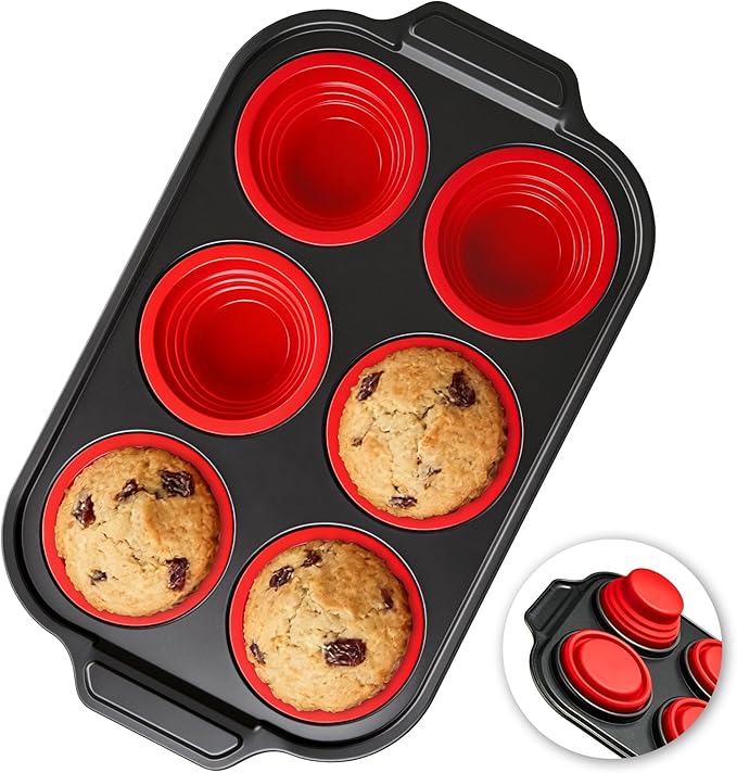 HE-SANQI Silicone Muffin Pan for Baking with Metal Reinforced Frame - 6 Cups Regular Size Cupcake Pan Muffin Tins Egg Bite Molds - Nonstick, Easy to Pop, Bakeware for Oven, BPA Free (6-Cups Red)