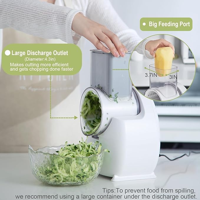 Electric Cheese Grater,3 In 1 Electric Grater For Home Kitchen,One-Touch Easy Control Salad Shooter Cheese Grater For Block Cheese Vegetable Cucumber Nuts(Milky-White)