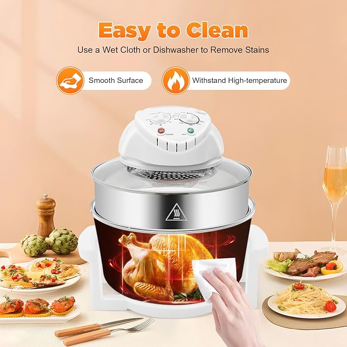 18QT Portable Glass Air Fryer Oven, 360° Viewable, Time & Temperature Accurate Adjustable, Convection, 360 Surround Heat, Cook Healthy, No Defrosting or Preheating