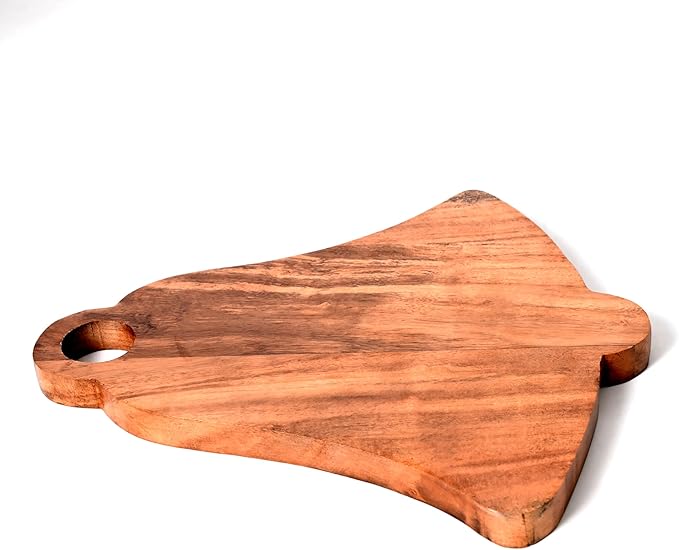 Treen Art Wooden Christmas Cutting Board for Kitchen Decor, 14"L x 13"W Bell Shaped Acacia Wood Chopping Board with Handle, Serving Charcuterie Platter