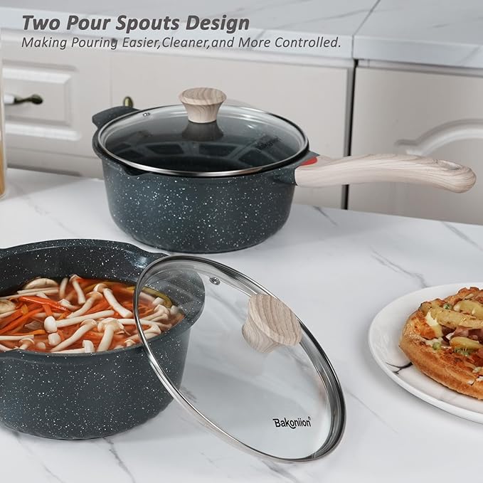 Bakoniion Ceramic Nonstick Saucepan Set 2QT and 3QT, Cast Aluminum Cooking Pots with Side Pour Spouts,Compatible with All Cooktops,Dishwasher Safe