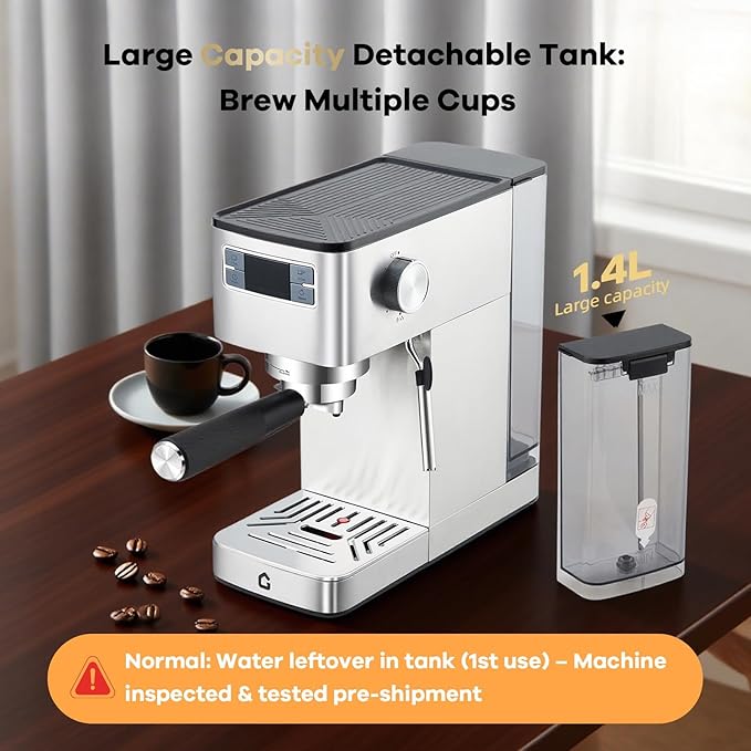 Takywep 20 Bar Professional Espresso Machine with Steam Milk Frother, Stainless Steel Home Coffee Maker, Compact for Kitchen Counter with Removable Water Tank, Silver