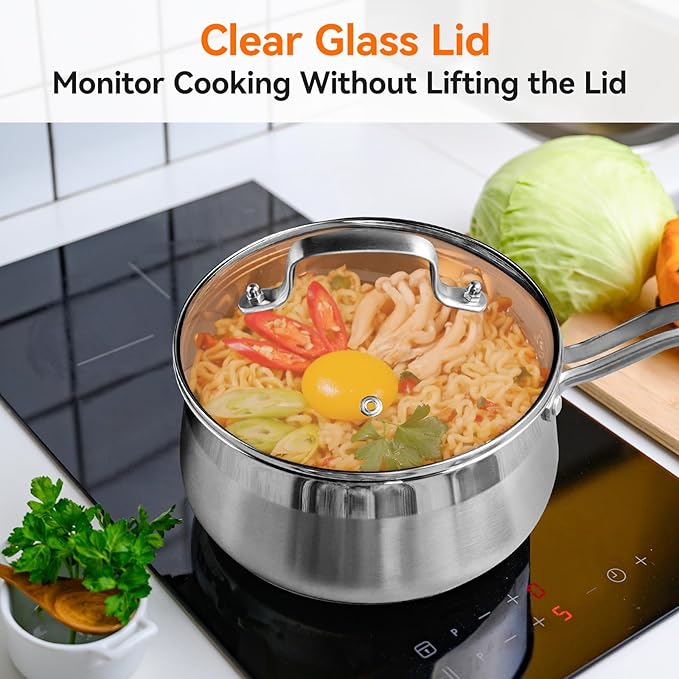 WANGYUANJI 2.5 Quart Stainless Steel Saucepan with Steamer Insert, 2-in-1 Sauce Pot with Lid & Steamer Basket, Tri-Ply Bottom Induction Cookware for Boiling, Soup, Milk, Silver