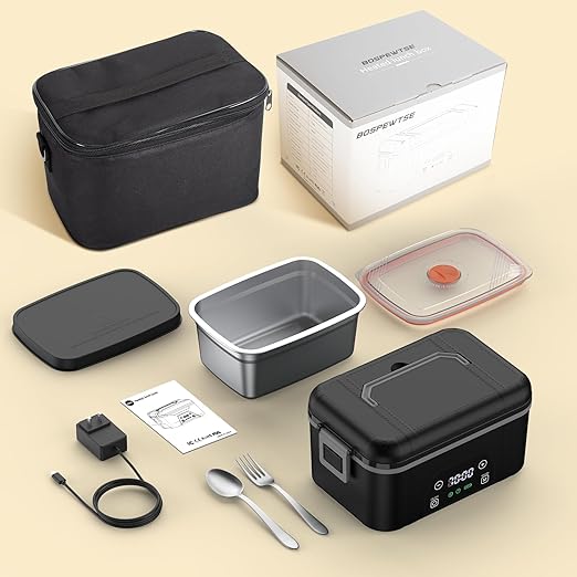 Cordless Heated Lunch Box, Smart Timer Automatic Heating Food Warmer for Adults, 5.5-Cup Portable Electric Lunch Container with Handheld Insulated Bag