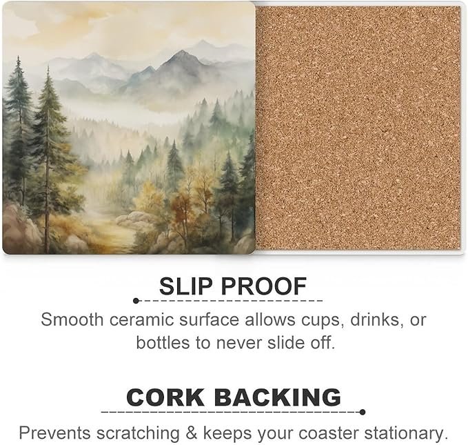 Forest Drink Coasters, Square Ceramic Drink Coaster Square-4PCS, Watercolor Mountain Forest Nature Tree Woodland Decor Absorbent Ceramic Coasters for Beverage Cup, Bar, Coffee Table