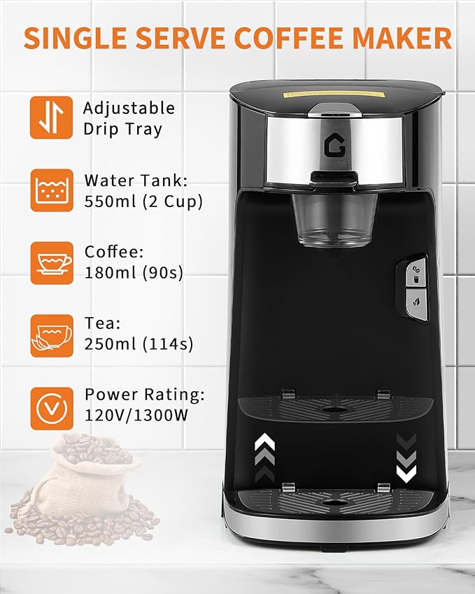 Small 2-in-1 Coffee Maker for Hot & Iced Coffee, Single Serve Machine with Built-in 550Ml Water Tank , Compatible with k-Cups, Ground Coffee & Tea Leaves, Adjustable Cup Tray for Home or Office Use