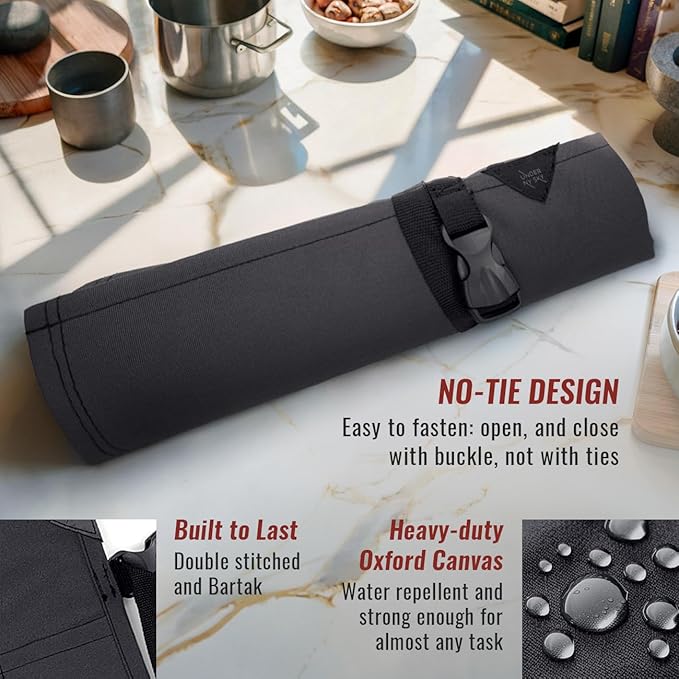 Under NY Sky Knife Roll Case - 6 Slots - Heavy Duty Oxford Canvas Pouch - Leather Reinforced - Portable Bag for Cooking Tools, Utensils, Cutlery Knives, Brushes - Chefs, Kitchen, Travel, Gift - Gray