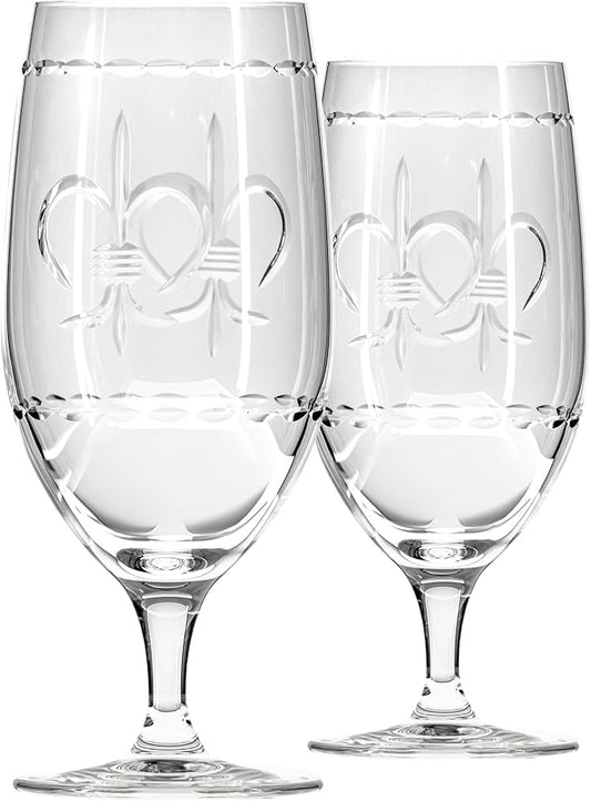 Rolf Glass Fleur De Lis Iced Tea Glass | 16oz Set of 2 Glasses | Lead-Free Diamond-Wheel Engraved Glassware | Made in the USA