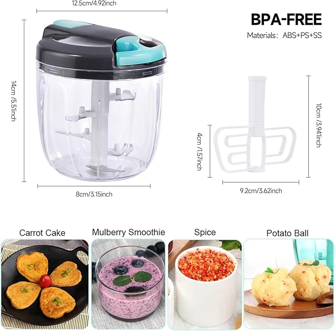Ziweaye Manual Food Processor Vegetable Chopper, Portable Hand Pull String Garlic Mincer Onion Cutter for Veggies, Ginger, Fruits, Nuts, Herbs, etc., （900ml,Gray-blue）