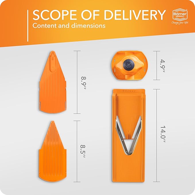 Börner Mandoline Slicer V3 (Basic Set) • V-Slicer for Vegetables & Fruits • Adjustable Kitchen Slicer • 3 Thickness Settings • With Rubber Feet & Stainless Steel V-Blade • Color: Orange