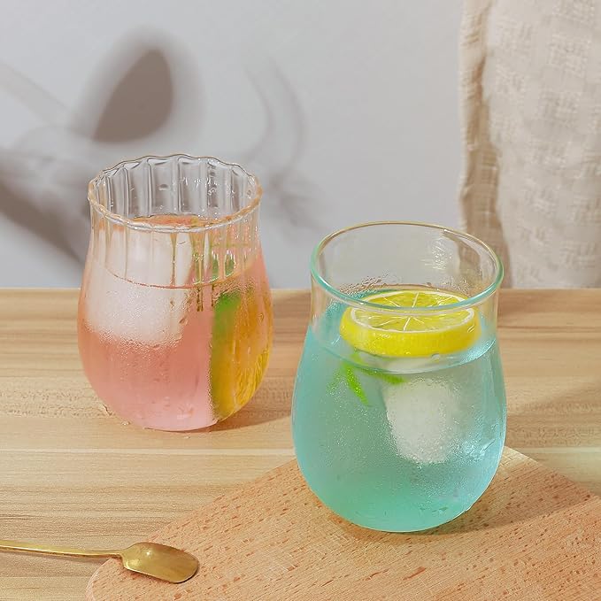 Koythin 2-Piece Ribbed Glass Cups, Vintage Drinking Glassware for Iced Coffee Juice Cocktails Milk Tea Beer, 10 oz/300 ml Cute Bubble Cup with Rounded Shape (Oval Tulip)