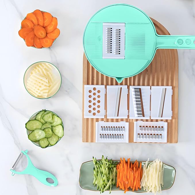 Mandoline Food Slicer, Multifunctional Vegetable Slicer Cutter with Hand Protector, Vegetable Shredder for Potato, Tomato, Carrot (Green-7 in 1)