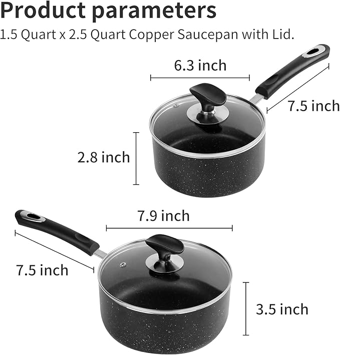RATWIA Nonstick Saucepan Set - 1.5 Quart and 2.5Quart,Ultra Non Stick Sauce Pan Small Pot with Glass Lid,Great for Home Kitchen Restaurant,Black