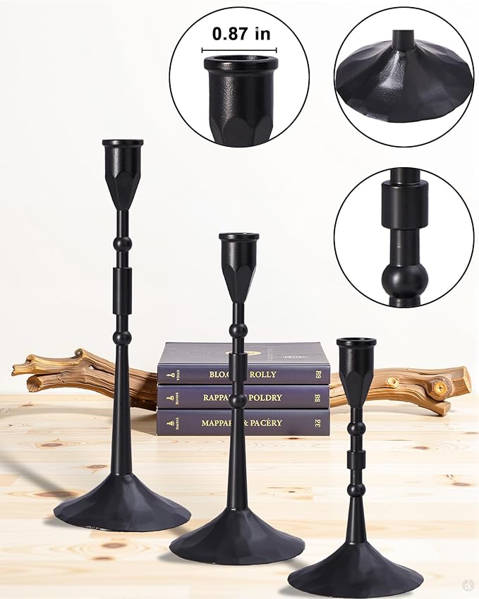 Vintage Taper Candle Holders Set | Handmade 3-Piece Candlestick Decor for Table Centerpiece, Farmhouse Kitchen & Party Lighting (Black)