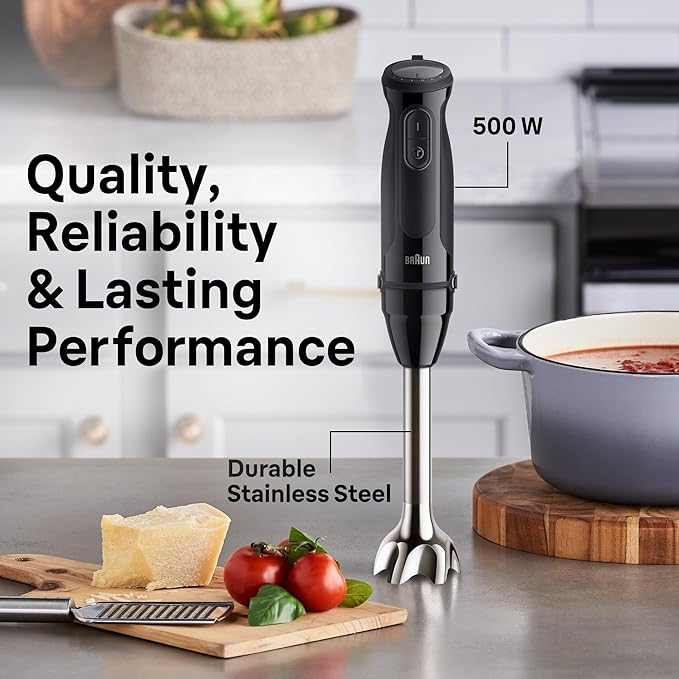 Braun MQ50202M MultiQuick Vario 5 Handheld Blender – 21-Speed Stick with Turbo Boost, Stainless Steel Blades, EasyClick System, 500W, Chopper, Whisk, Masher – Immersion Blender for Smoothies