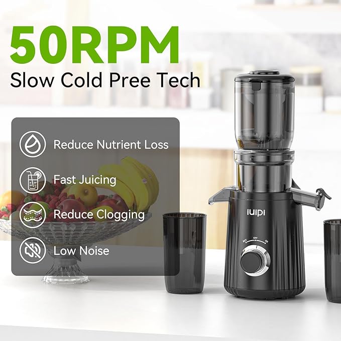 Cold Press Juicer, Slow Masticating Juicer Machines for Whole Vegetable and Fruit, 4.3" Feed Chute, BPA Free, Quiet Easy Clean Juicer to Unlock Fresh & Nutritious Juices(Black)