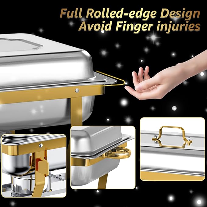 8QT Chafing Dishes for Buffet 2 Pack Golden Food Warmer with Half Size Food Pans, Chafing Dish Buffet Set with Stackable Design Less Storage Space for Party, Wedding