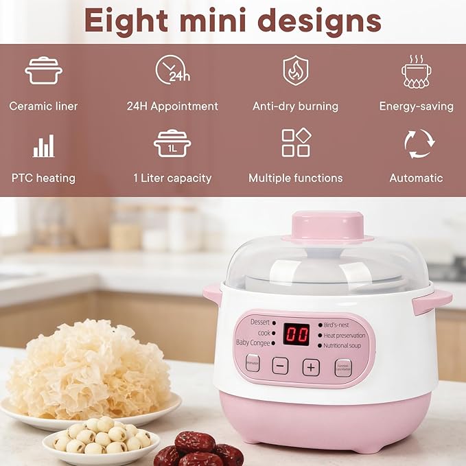 Pink 1L Ceramic Slow Cooker with Steamer Basket, 200W Mini Electric Stew Pot, 24-Hour Delayed Start & Auto Keep-Warm, Household Kitchen Safety Dry-Burn Protection Porridge & Soup Pot