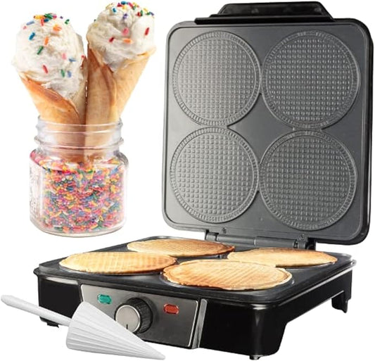 Mini Waffle Ice Cream Cone Maker - Bake 4 Homemade Mini Cones at Once, Includes Shaper Roller - Make Fun Bite Sized Entertaining Desserts for Holiday Parties, Special Occasions and Gift Giving Treats