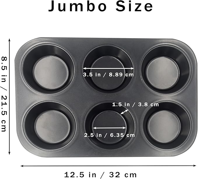 Bakexcel Non-Stick Jumbo Muffin Pans, 6-Cup Set of 2 Baking Pans with a Spatula for Extra-large Muffins & Cupcakes