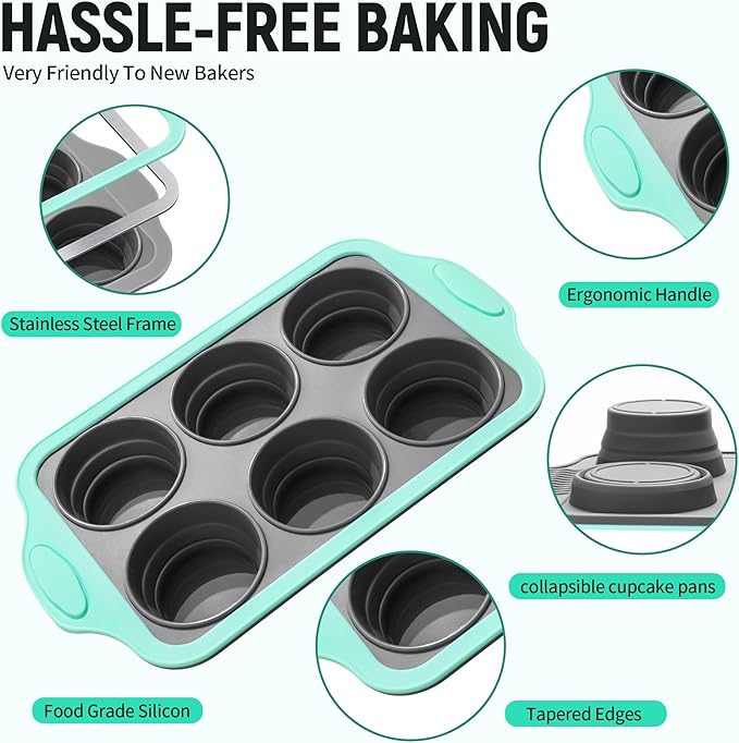 Vynium Muffin Pans for Baking 6 Cups, Silicone Foldable Muffin Pan with Metal Frame, Collapsible Cupcake Pan, Egg Bite Molds, Muffin Tin Tray for Baking Homemade Brownies Puddings (2)