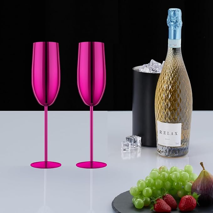 Stainless Steel Champagne Flutes Set of 4-Wedding &Birthday Gifts,8.5 Oz Unbreakable Champagne Glass with Long Stem,Reusable Indoor Outdoor Drinkware (Purple)