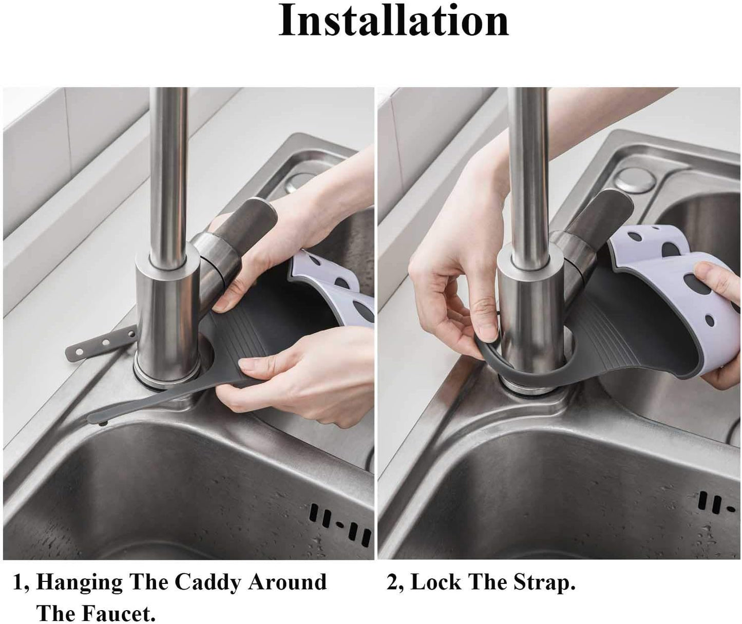 UNIKON 2 Pack Sink Sponge Holder Organizer, Hanging Kitchen Adjustable Strap Faucet Caddy, White