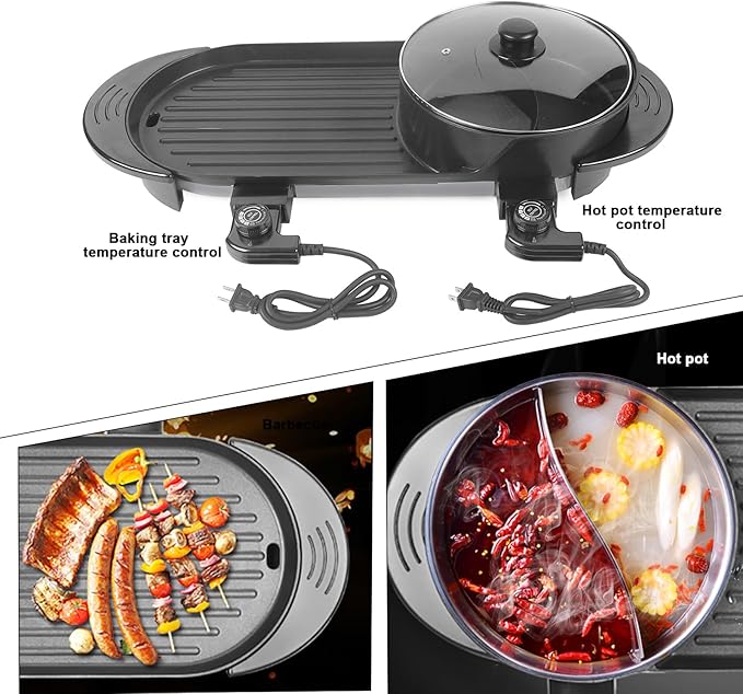 Electric Hot Pot with Grill 2 in 1 Shabu Shabu Hot Pot Korean BBQ Grill Removable Nonstick Smokeless Dual Temperature Durability Adjustable Thermostat