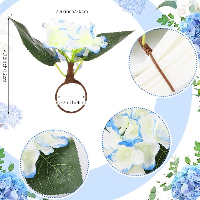 6 Pcs Artificial Hydrangea Napkin Rings Spring Summer Napkin Ring Holder Boho Floral Rustic with Artificial Leaves for Weddings Dinner Spring Summer Gathering Table Decoration (Hydrangea)