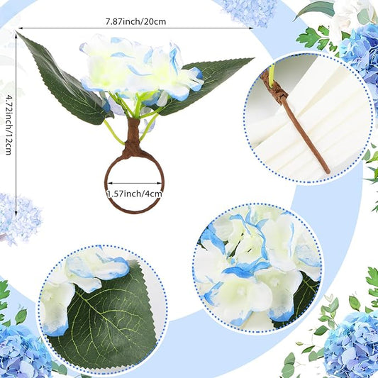 6 Pcs Artificial Hydrangea Napkin Rings Spring Summer Napkin Ring Holder Boho Floral Rustic with Artificial Leaves for Weddings Dinner Spring Summer Gathering Table Decoration (Hydrangea)