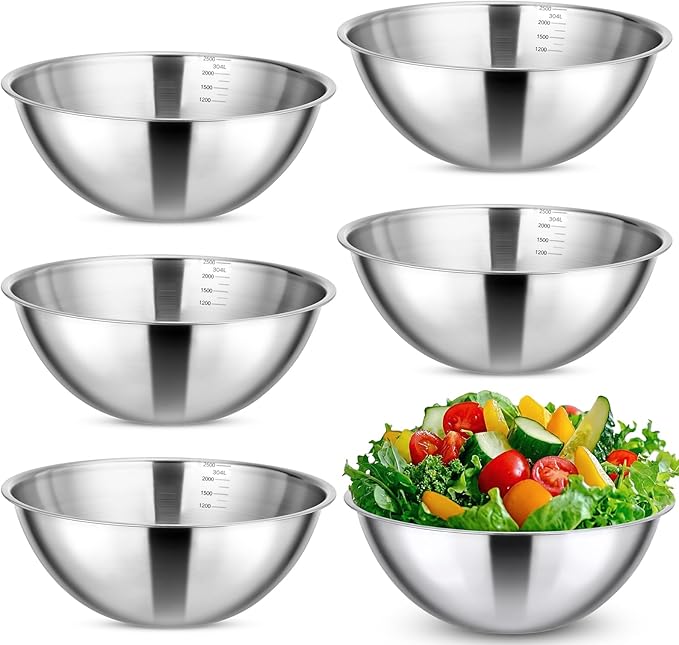 Honeydak 6 Pcs 304 Stainless Steel Mixing Bowls with Graduations, Salad Bowls Metal Serving Reusable Baking Food Storage Containers for Baking Cooking Salads Soups Ice Cream Noodles (84 oz)