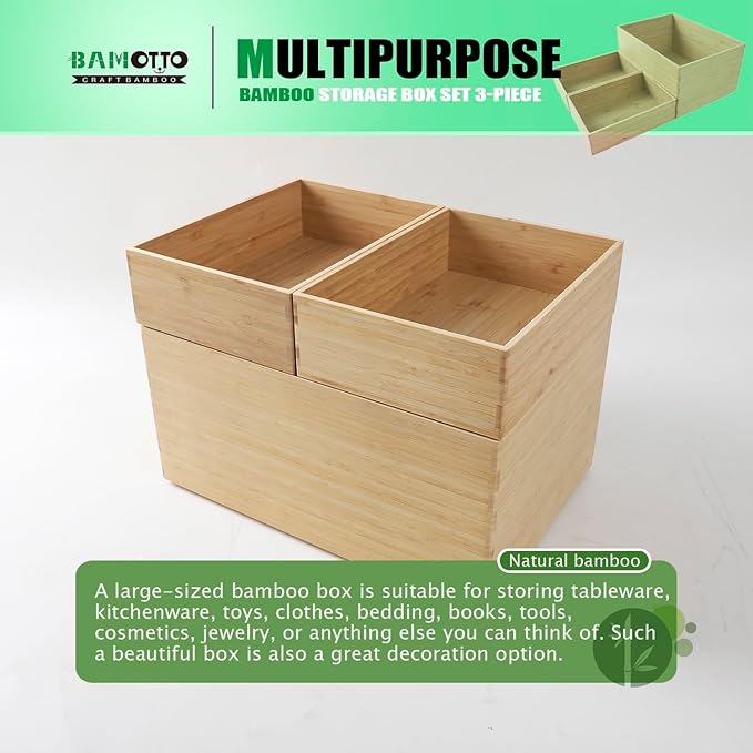 3-Piece Large Bamboo Storage Box Set - 7.1in High Stackable Deep-Drawer Organizer, Lidless Bamboo Bin for Kitchen Cutlery Utensils Knives (14.6"x10.2"x7.1"*1 + 10.2"x7.3"x3"*2)