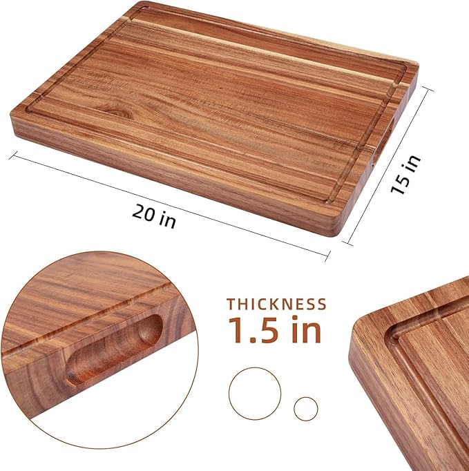 DYTesa Cutting Board, 20 x 15 Inch Large Acacia Wood Cutting Board 1.5" Thick, Durable Wood Cutting Boards for Kitchen with Deep Juice Grooves & Built-in Handles, Easy to Clean
